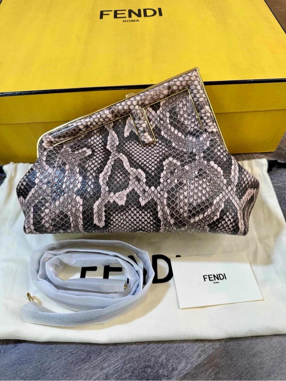 Fendi Pink and Gray Python-Print Frame Clutch with Gold F Detail